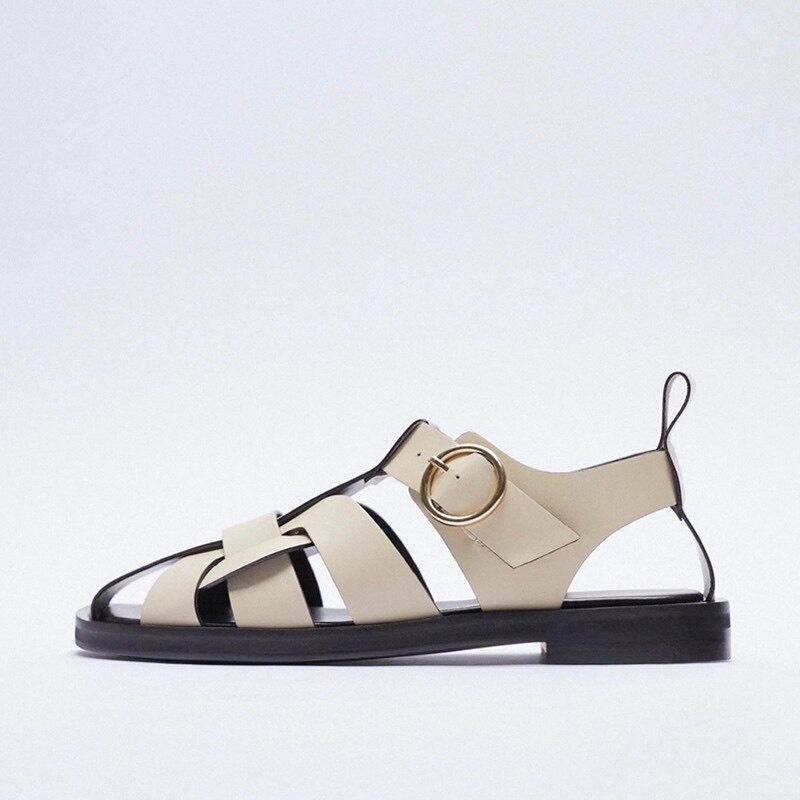 Sandalias de gladiador de cuero negro Retro para mujer, zapatos informales cerrados con tejido cruzado, zapatos planos de punta redonda para mujer, novedad de verano: beige / 38