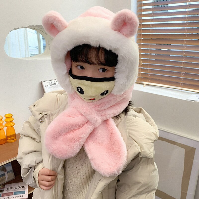 Kindersjaal een muts herfst winter koreaanse versie imitatie konijnenbont babymeisjes warme muts pluche dinosaurussenoren capuchonsjaal: Oor roze