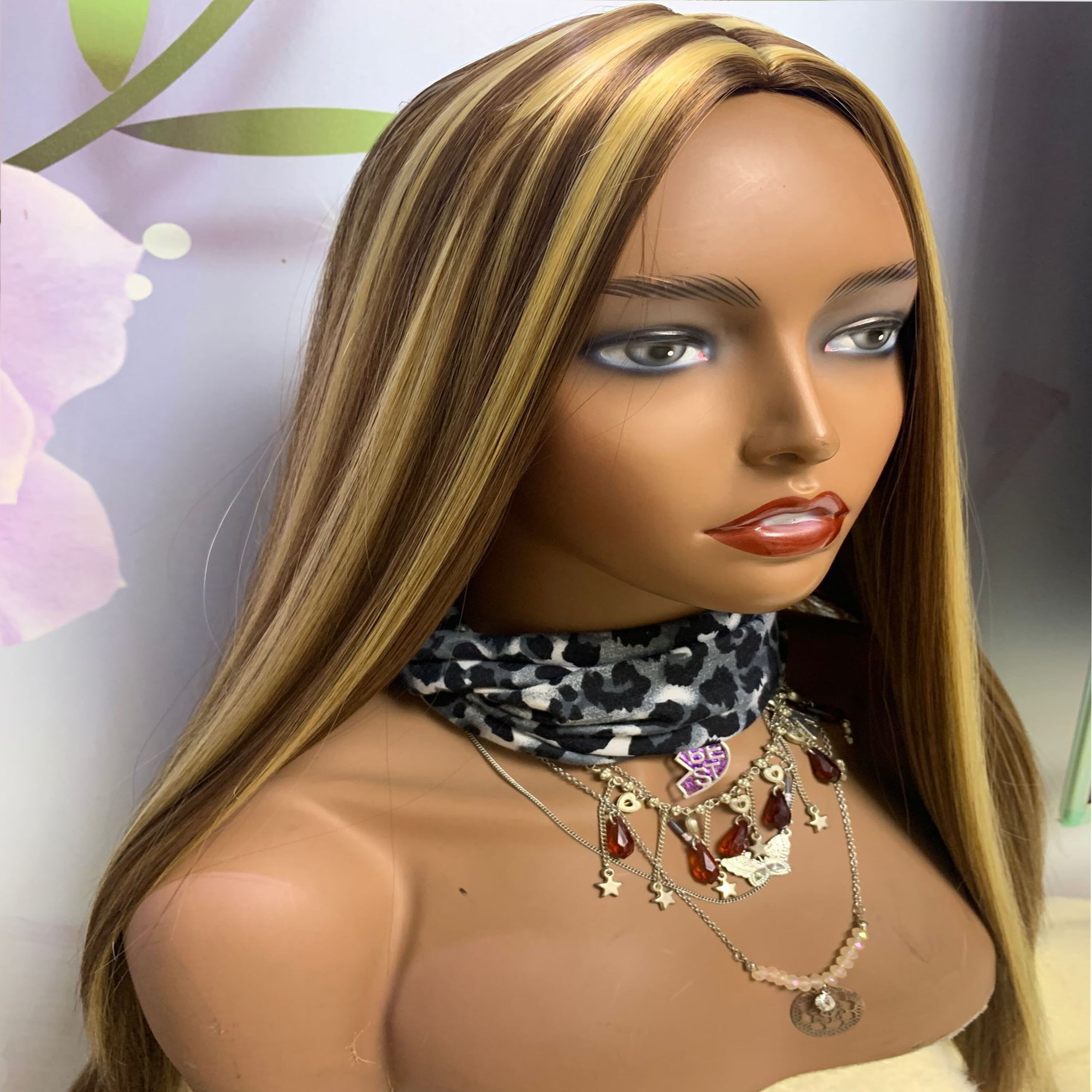 Highlight Color Fiber Wigs with Middle Deep Part Silky Straight Hair Glueless Ombre Synthetic Wigs with Pre Plucked Small Cap