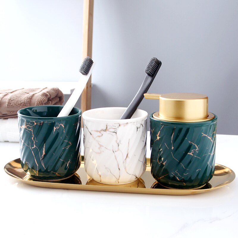 Ceramics 270ml Brushing Cup Simple Style Mouthwash Cup Marble Thread Lotion Bottle Separate Press-type Empty Bottle Couple Suit