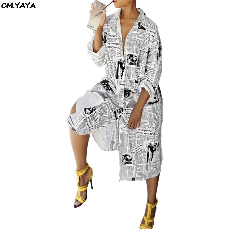 Vrouwen Zomer Brief Krant Print Button Up Lange Mouwen Mid Calf Lengte Dres Blouse Shirt Mode Jurken 2 Kleur LKE8017: WHITE / S