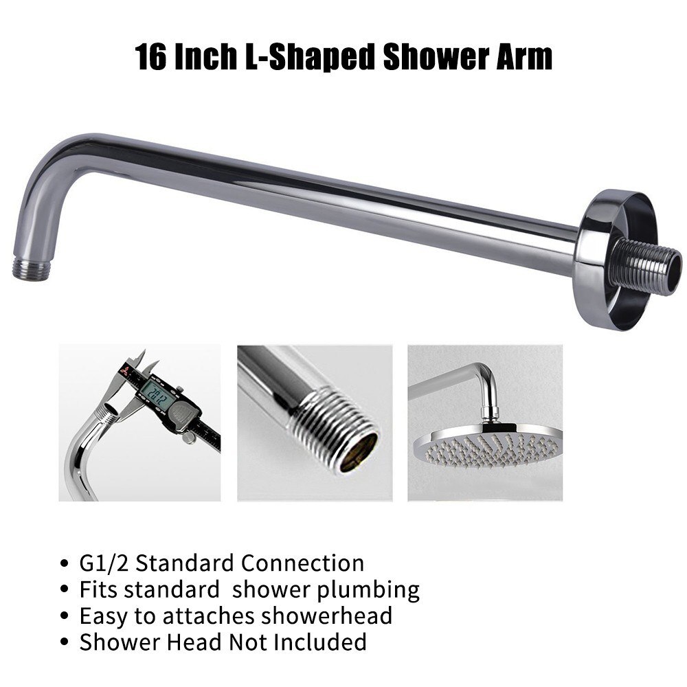 L-Shaped Shower Arm Extension With Flange 16 Inch Length Stainless Steel in Polished Chrome Replacement for Rainfall Shower Head