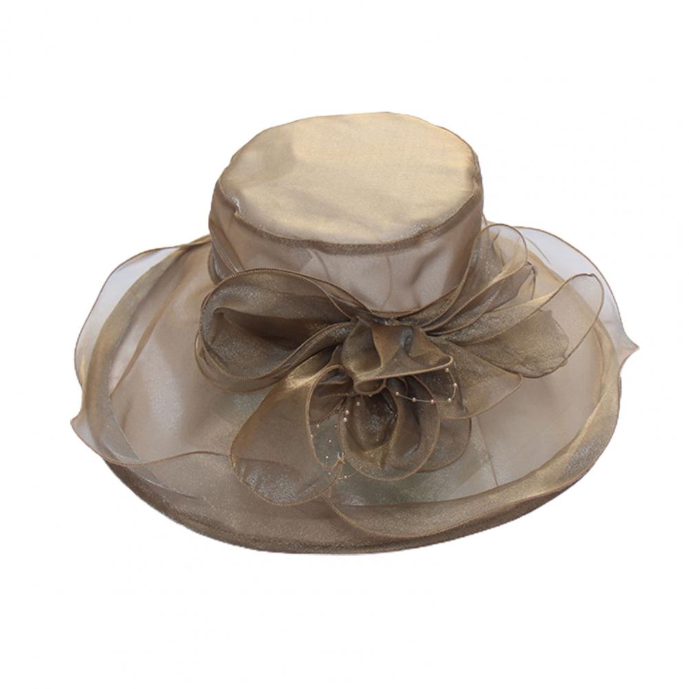 Sombreros elegantes de iglesia para mujer, gorros de fieltro de hilo de red Floral grande para mujer, sombreros de Sol de ala ancha de verano, gorros de fedora vintage: Khaki A