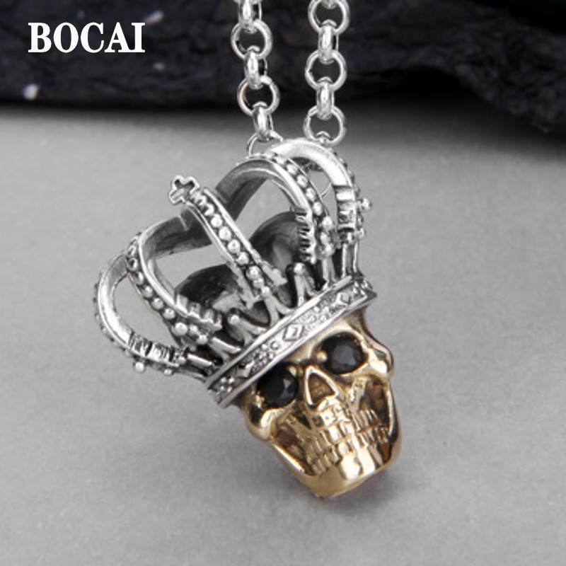  s925 massiver anhänger aus sterlingsilber, vergoldet, totenkopfkrone im rock-, hip-hop- und punk-stil, für damen und herren, mit pulloverkette