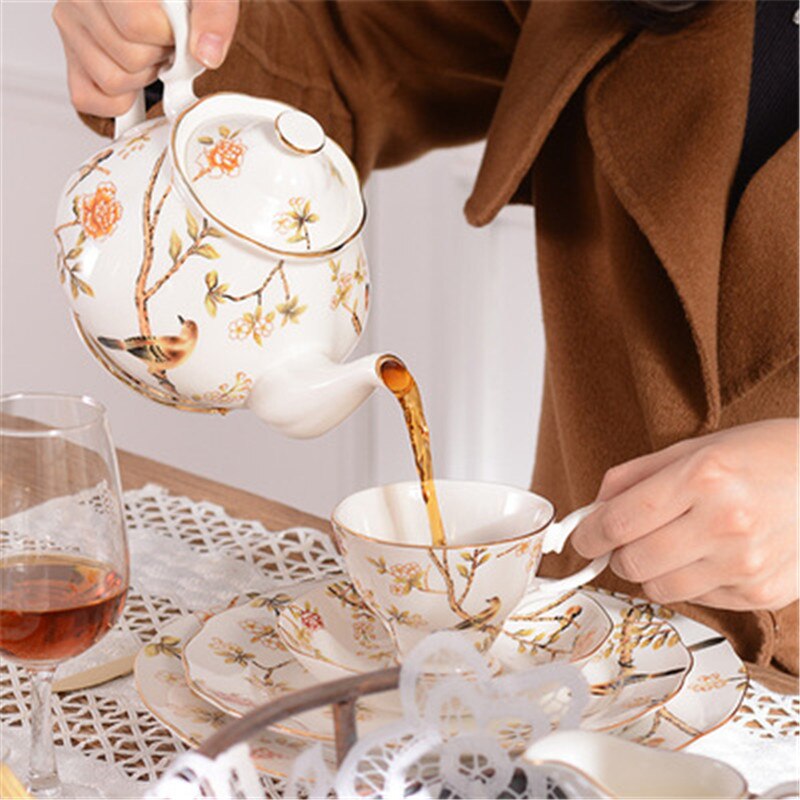 Gyllene sida salladstallrik benporslin porslin verktyg fågelmönster kaffekopp 10 tum platt fat keramisk bricka western servis set