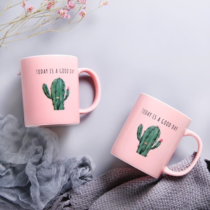Techome kaktus rosa keramisk mugg växttryck älskare par kopp kaffe mjölk mugg hemmakontor mugg för vän