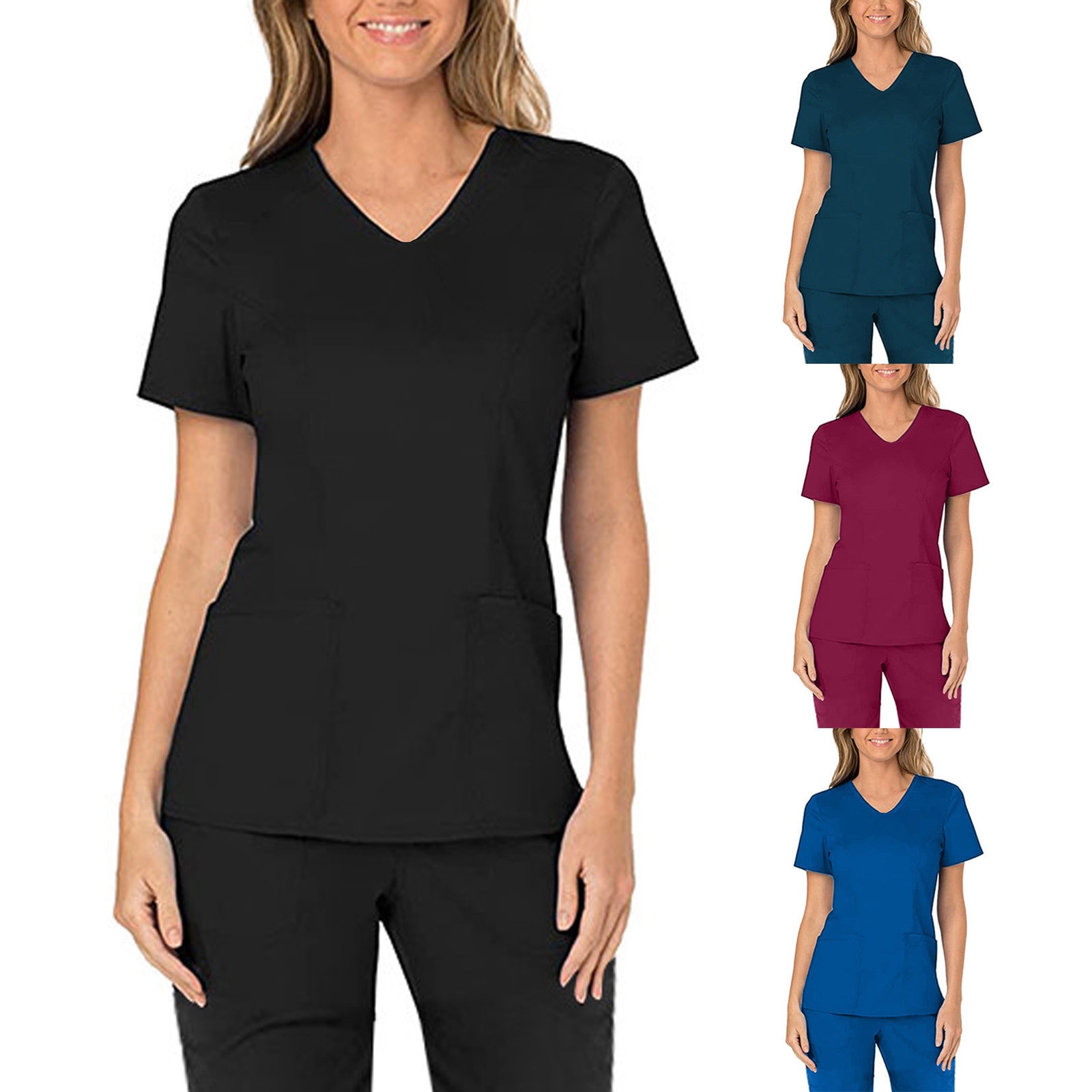 Women Nurse Uniform Short Sleeve V-neck Tops Working Uniform Solid Pocket Summer Women Blouse Uniforme Enfermera Mujer