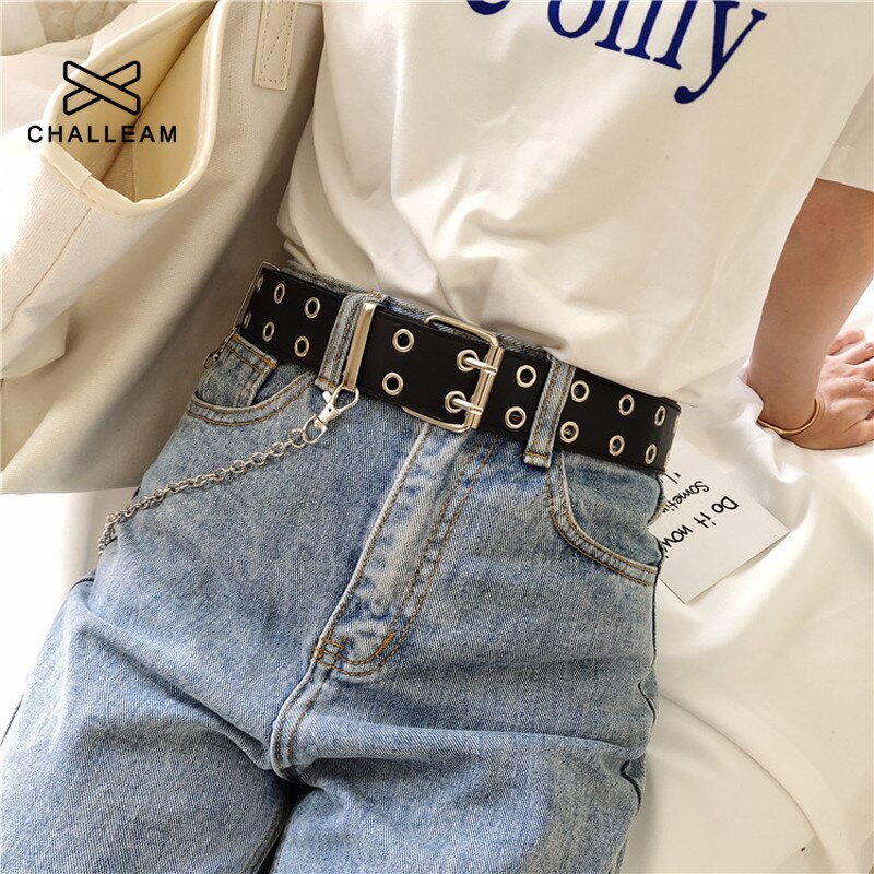 Moda feminina cinto de couro do plutônio novo estilo punk ajustável pino fivela preto bts feminino decorativo livre tamanho grommet cinta 152