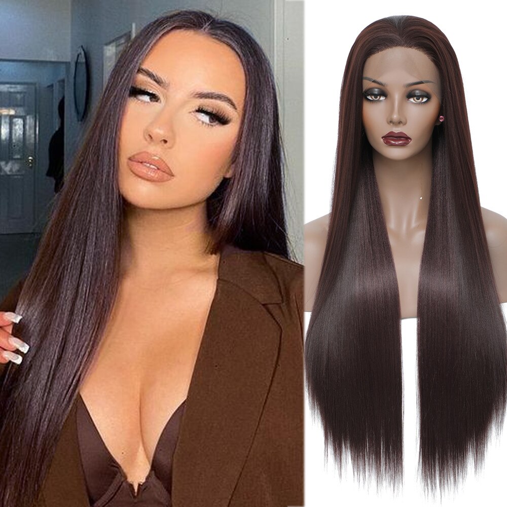 X-TRESS 13X3 Lace Front Synthetic Wigs For Women Black Colored Free Part Long Straight Soft Natural Daily Hair Wig 150% Density: #33