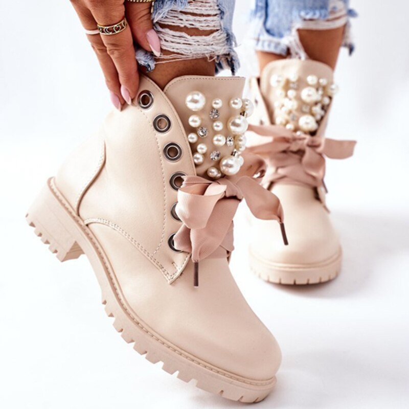 Bottines de moto antidérapantes avec perles en cristal pour femmes, chaussures d&#39;automne Punk à lacets, plateforme, grande taille,