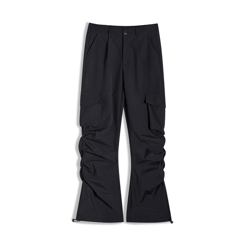 Pantalones acampanados plisados de color caqui para hombre y mujer, peto acampanado de estilo Hip Hop con múltiples bolsillos y cordón, 2022: Asian L / Negro