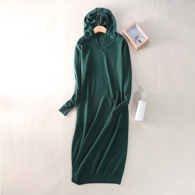 Herfst-Winter vrouwen Gebreide Jurk Modieuze elegante casual dress in effen kleur met capuchon en lange mouwen: Groen