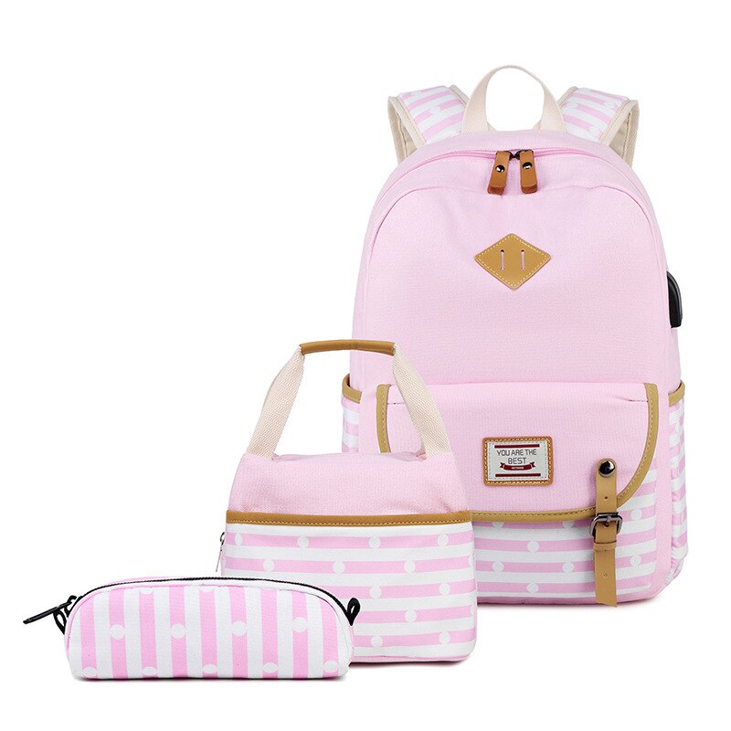 Usb Zak Vrouwen Aankomst Vrouwen Canvas Rugzak Schooltas Voor Meisjes Rugzak Rugzakken Schooltassen Reizen 3 Pcs: Roze