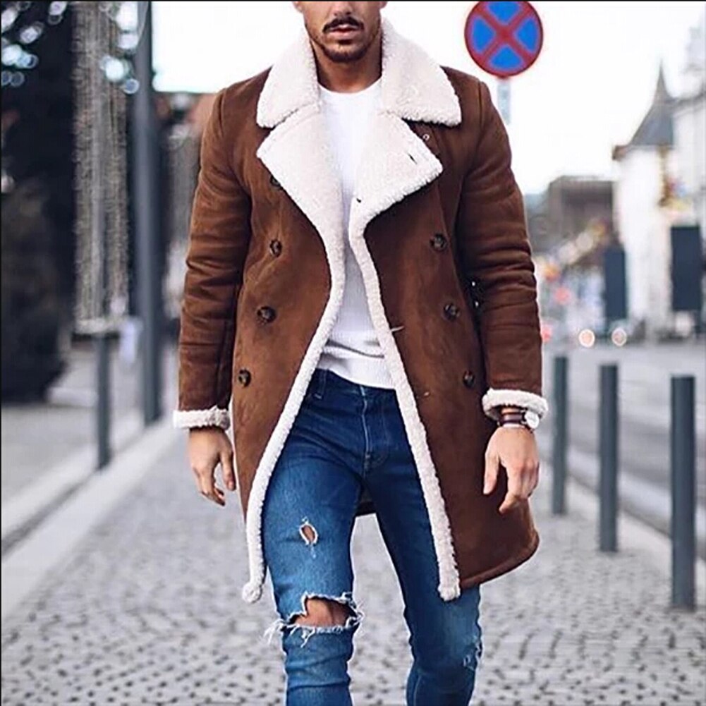 Menn fuskepels lammeull trenchcoat vinter varm tykkere jakke ull peacoat lang parka overfrakk vinterklær topper
