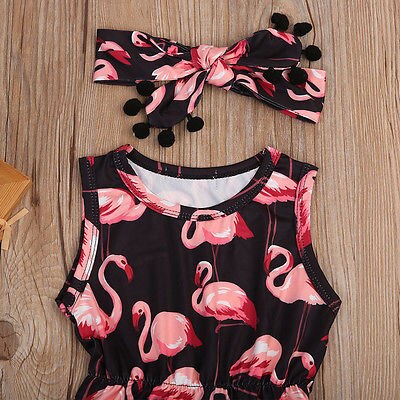 Mameluco de flamenco, conjunto de ropa de verano para 2 Uds., ropa de verano para bebé con diadema, Body para bebé, traje para niñas recién nacidas sin mangas