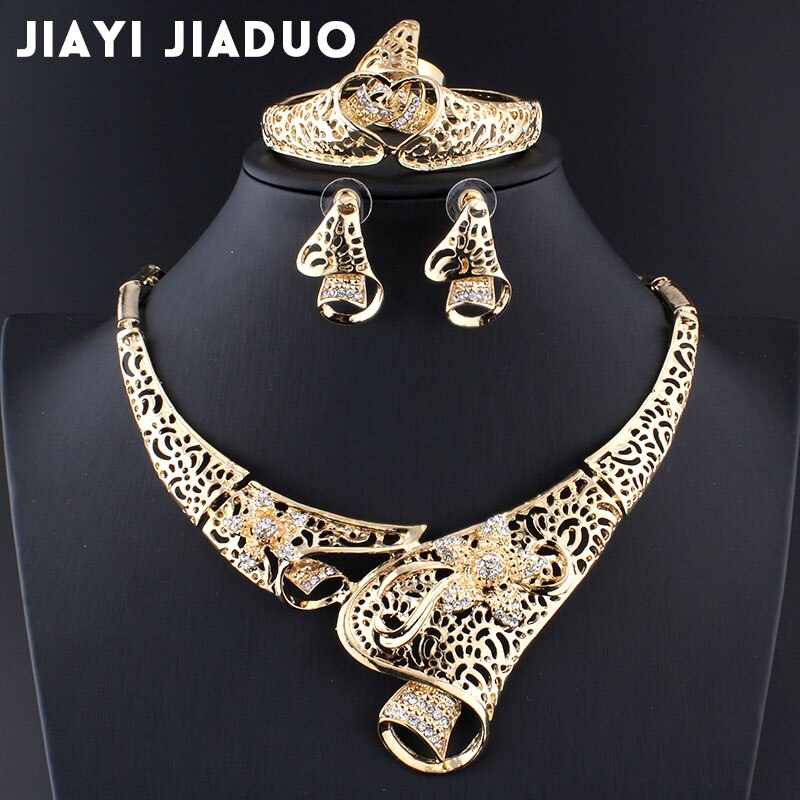 Jiayi jiaduo Sieraden Sets bloem Ketting Oorbellen Armband Ring Sets Voor Vrouwen Wedding Bridal Goud-kleur Afrikaanse sieraden sets