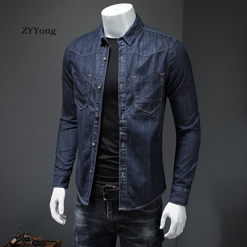 Japansk stil bomuld bombefly pilot langærmet blå tynd denim skjorte herre jean frakke streetwear afslappet cowboy tøj
