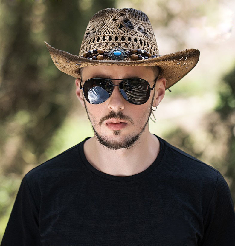 Sombrero de paja estilo vaquero para hombre y mujer, colgante de color turquesa con cuentas de madera, estilo Retro, para verano