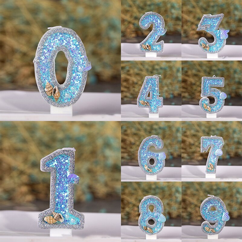 Blue Shell Glitter Crown Number Birthday Candles Cake Toppers Birthday Wedding Digital Cakes Dessert Decor Birthday Decoration