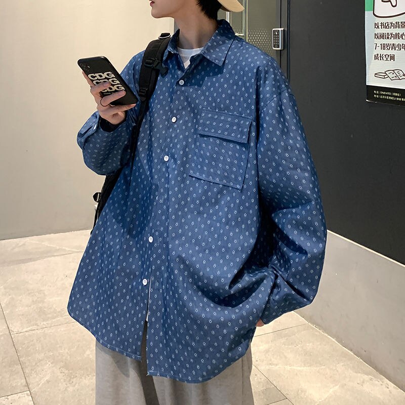 Lente Zomer Gedrukt Denim Shirt Mannen Koreaanse Mode Losse Casual Shirt Mannen Harajuku Streetwear Bloem Lange Mouwen mannen