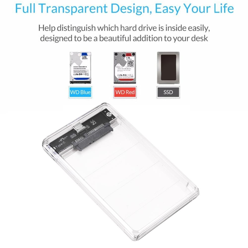 Genomskinligt 2.5 tums hårddiskfodral sata till usb 3.0 hdd ssd-hölje verktygsfritt hdd-fodral med usb-kabelficka