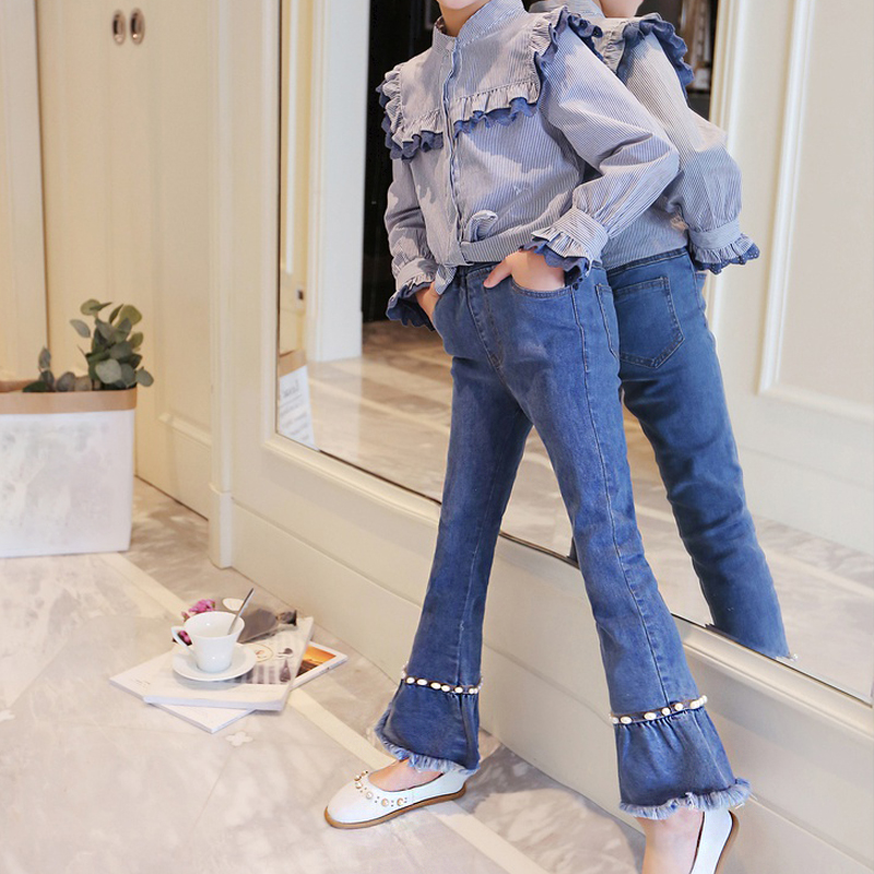 2-12Y frędzle dżinsy dzwony dziewczyny wiosna spodnie na jesień dżinsy dziecięce moda szczupły spodnie dla dzieci CUHK spodnie dziecięce spodnie migotać