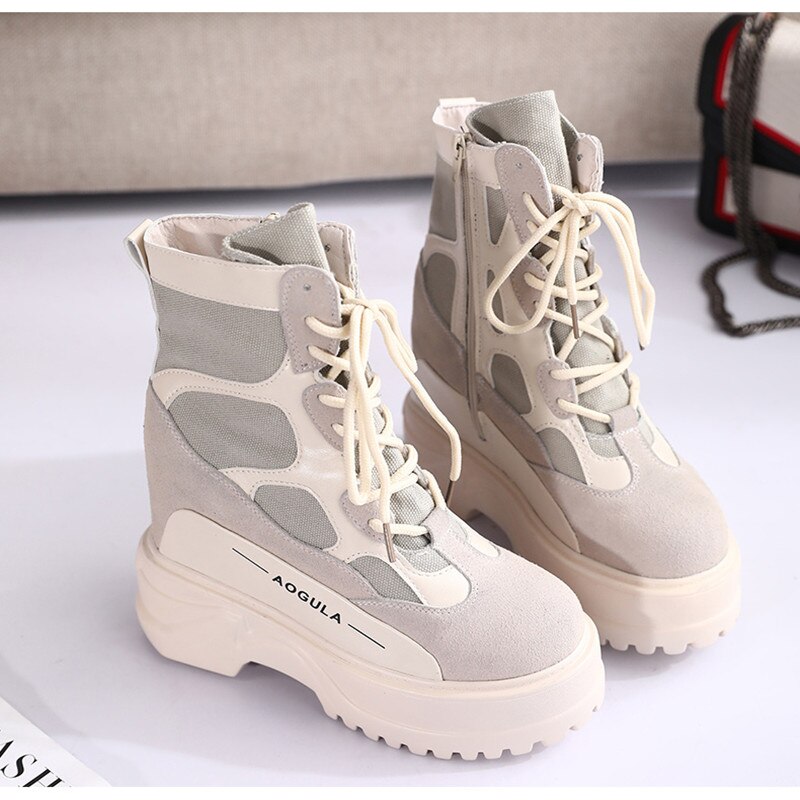 Winter hoge platform laarzen 10cm hoge hakken dames dikke zool leren wedge sneakers waterdichte ademende herfstlaarzen