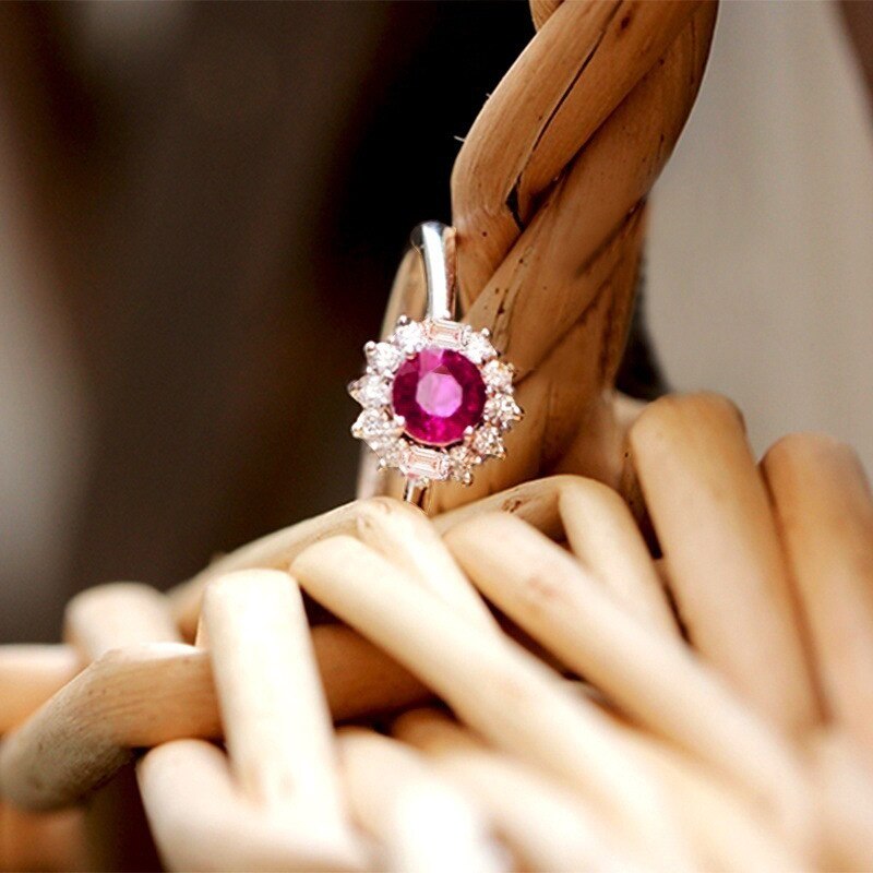 Anillos de piedra de circón rosa roja para mujer, Color plateado Vintage, anillo de compromiso de amor, joyería nupcial de lujo para boda