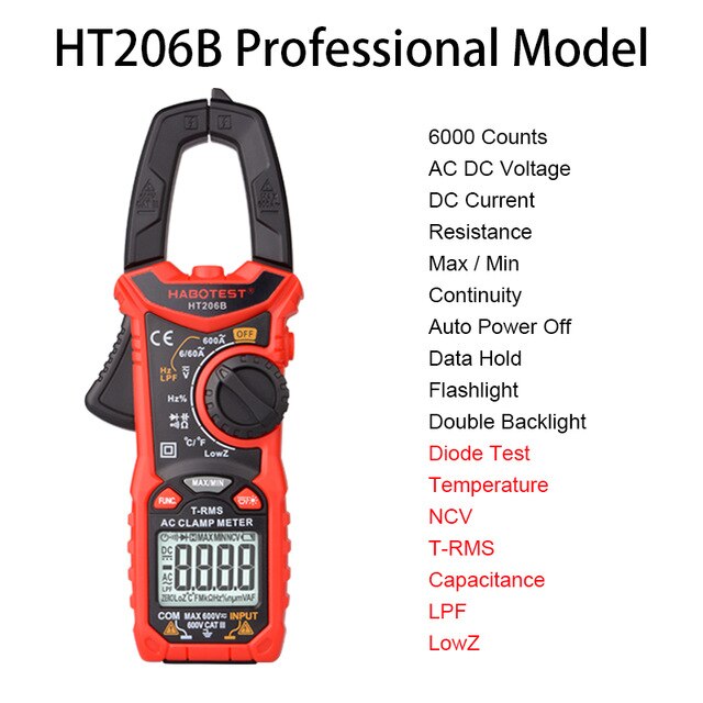 Habertest ht206 ac dc digital braçadeira medidor multímetro pinza amperimetrica verdadeiro rms alta precisão capacitância ncv ohm hz tester: HT206B