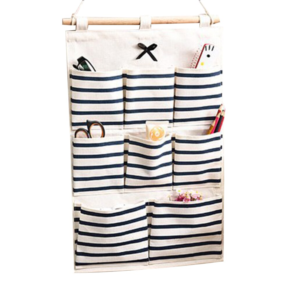 6/8 Pockets Stripe Closet Wall Hanging Organizer Cotton Linen Wardrobe Hanging Storage Bag Cosmetic Sundries Jewelry Storage: Blue 8 Pockets