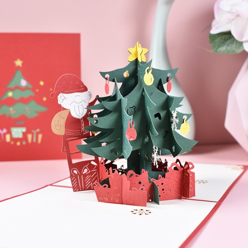 3D Pop-up Christmas Tree Santa Greeting Card Xmas Year Postcards Invitations GXMA