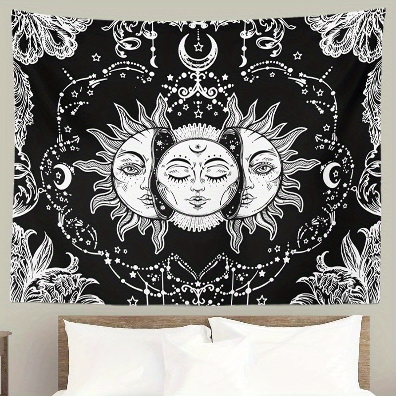 Tapiz de sol y luna místicos, estética Dark Soul, para colgar en la pared, perfecto para la decoración del dormitorio, decoración de la pared del dormitorio: 1.400 mm x 2.000 mm / Negro