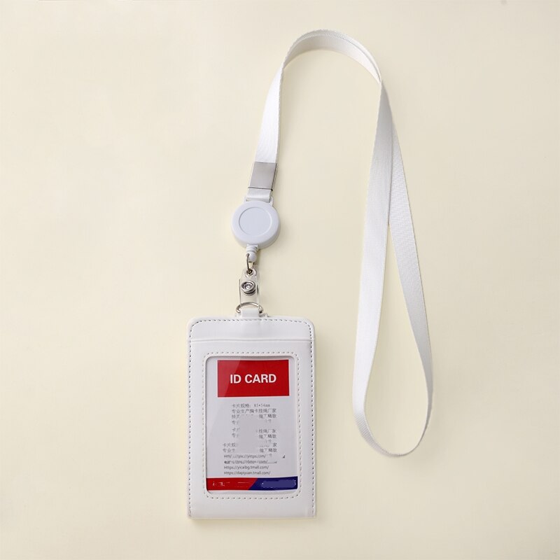 1pc Retractable Badge Lanyard Work Name Business Card Cover Card Holder PU Leather Card Wallet: White