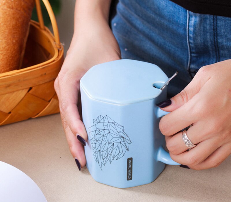 Unique Polygonal ceramic Mug with lid spoon,Male female office mugs couple cups Cartoon cute tea mug Drinkware cup