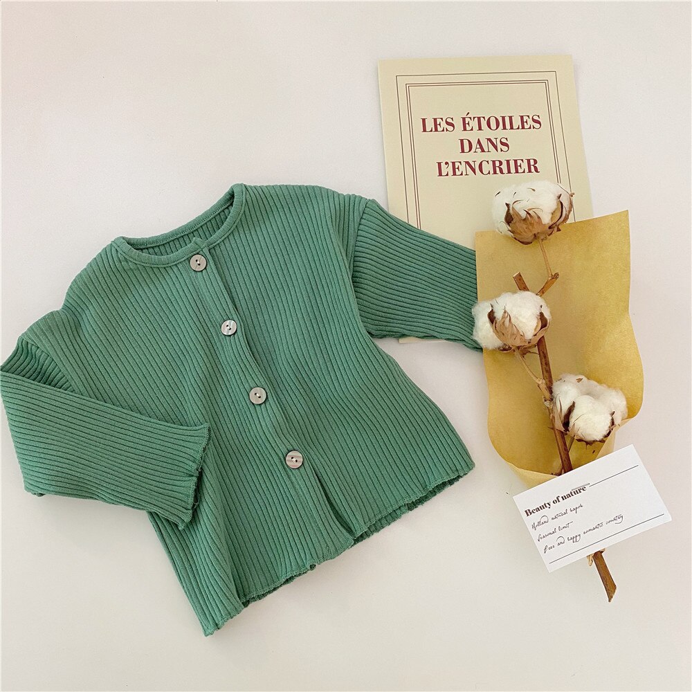 Efterårs strikket cardigan til drenge og piger baby knap sweater baby baby strik frakke: Grøn / 24m