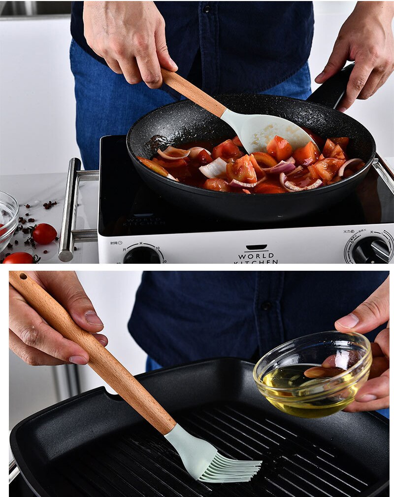 Silicone Non-stick Cooking Utensils Set Cookware Wooden handle Egg Beaters Shovel Spoon Soup Kitchen Tools Accessories Easy Wash