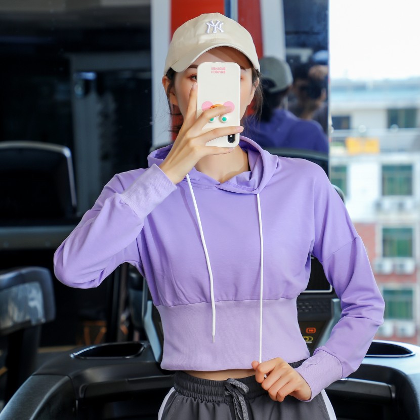 Women Hooded Short Sweatshirt Breathable Comprehensive Training Shirts Winter Warm Outdoor Sports Sweatshirt Solid Color Shirts: L / Purple