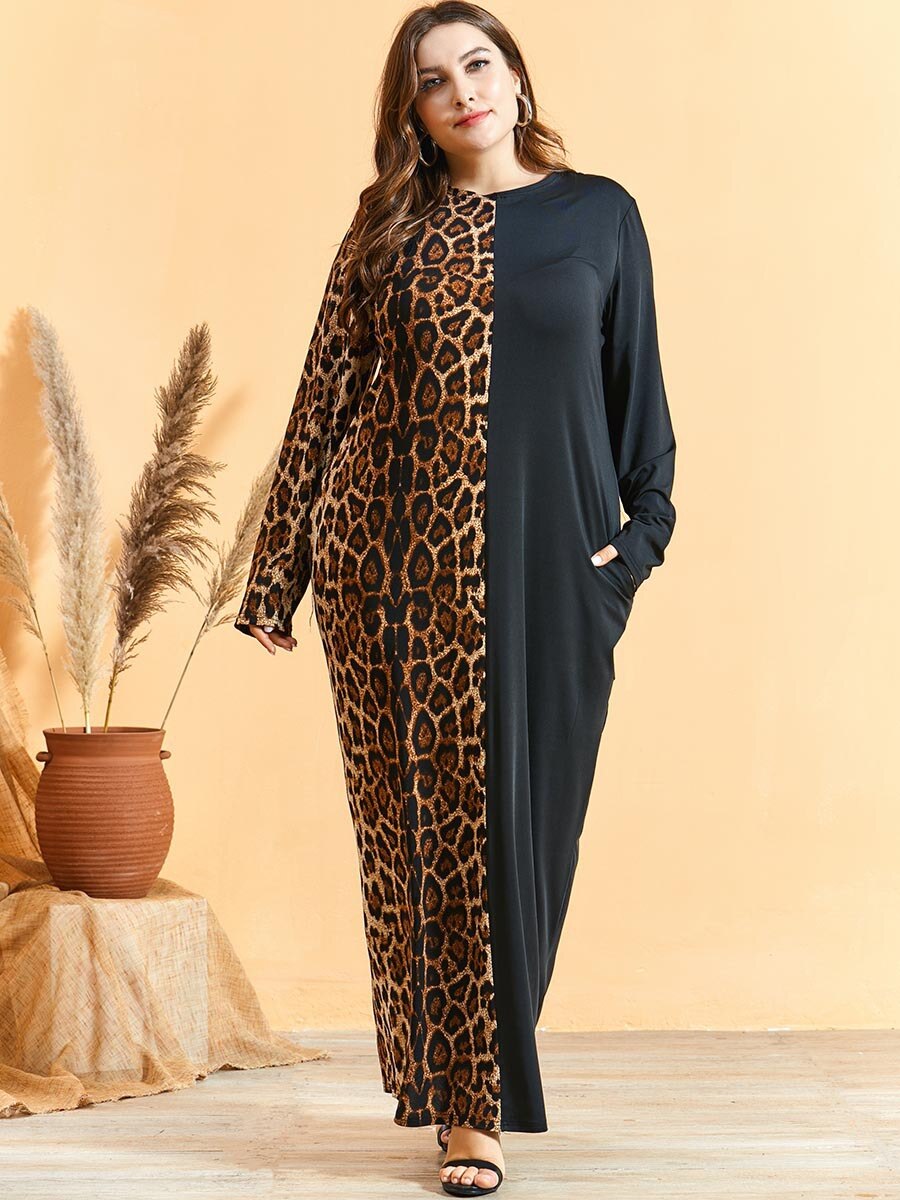 Løs oversize plus size kjole kvinder langærmet leopardprint patchwork maxi lange kjoler tyrkisk arab muslimsk kjole