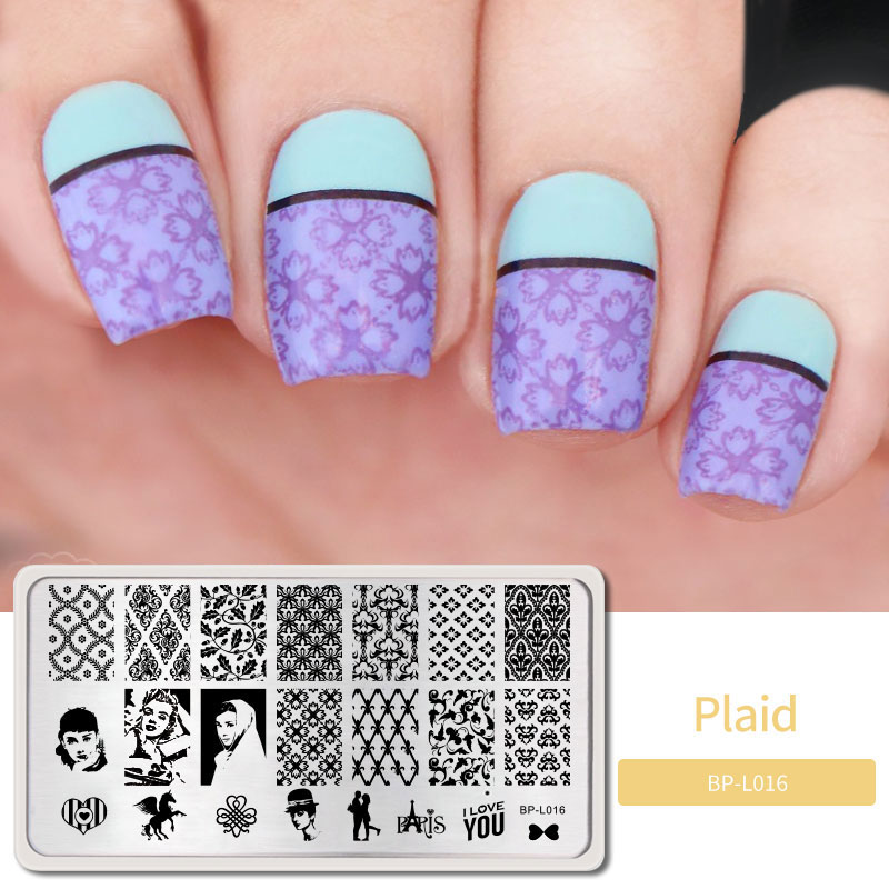 Geboren Mooie Plaid Lijn Patroon Stempelen Platen Rvs Nail Art Stamp Template Diy Afbeelding Afdrukken Stencils Gereedschap: BP-L016