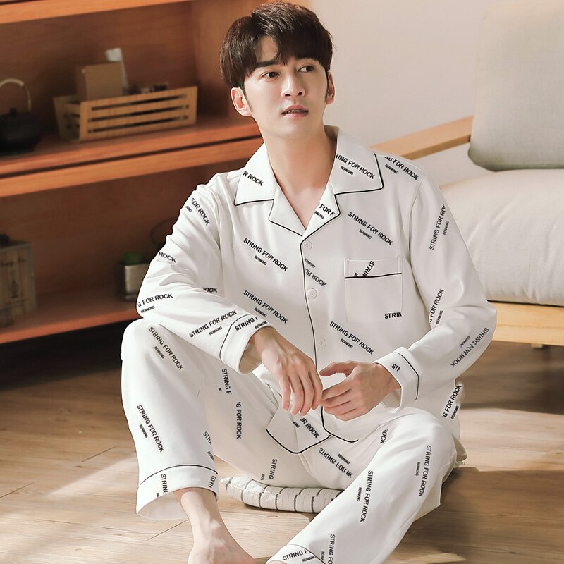 Men&#39;s Letter Cotton Pyjamas Homme 2 Pieces Lounge Sleepwear Pijama Autumn Bedgown Home Clothes Man PJs Pure Cotton Pajamas Set