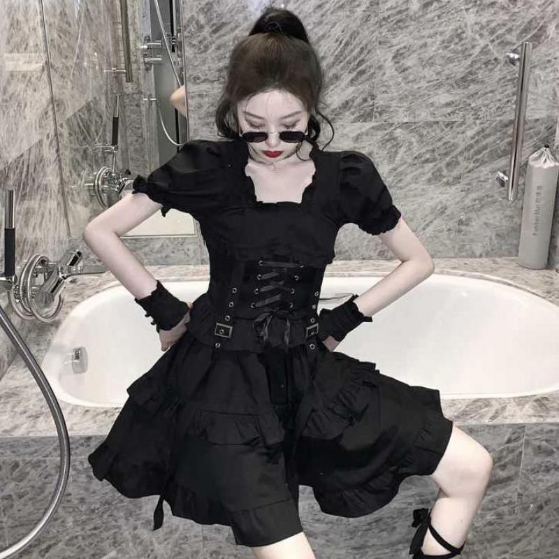 Menina japonesa do vintage estilo punk puff manga bandagem mini vestido vitoriano renascentista preto gótico lolita vestido feminino vestidos: M