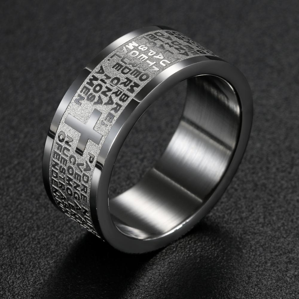 Mens 316L Stainless Steel Ring Spanish Lord&#39;s Prayer Bible Cross 8mm Band silver color anillos hombre mens jewellery