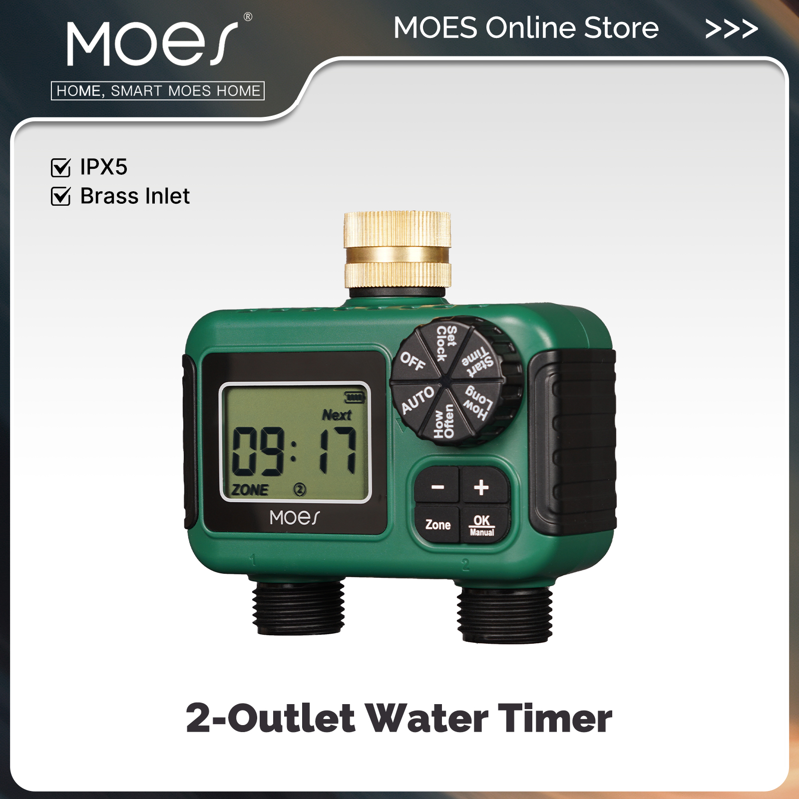 MOES Water Timer 2-Outlet Brass Inlet IPX5 Waterproof Rotary Knob Button Control With LCD Display Screen Rain Delay Child Lock