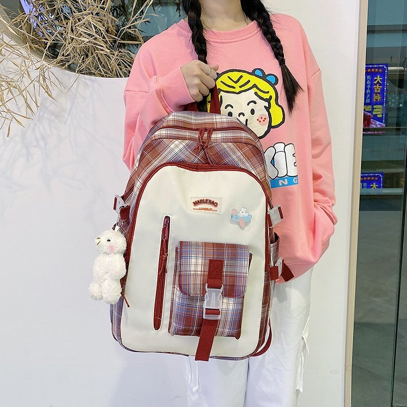 Mochila con patrón a cuadros de gran capacidad para estudiantes, bolso escolar Morado para chicas, mochila de viaje para el Campus: VIP-Red / With-Accessories