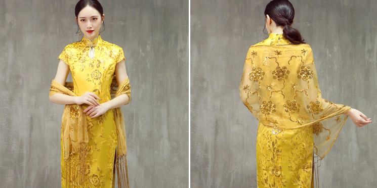 Kvinder cheongsam rød guldblå aftenomslag sjal paljetter blonder wrap med lang kvast formel bryllupsfest damer bolero