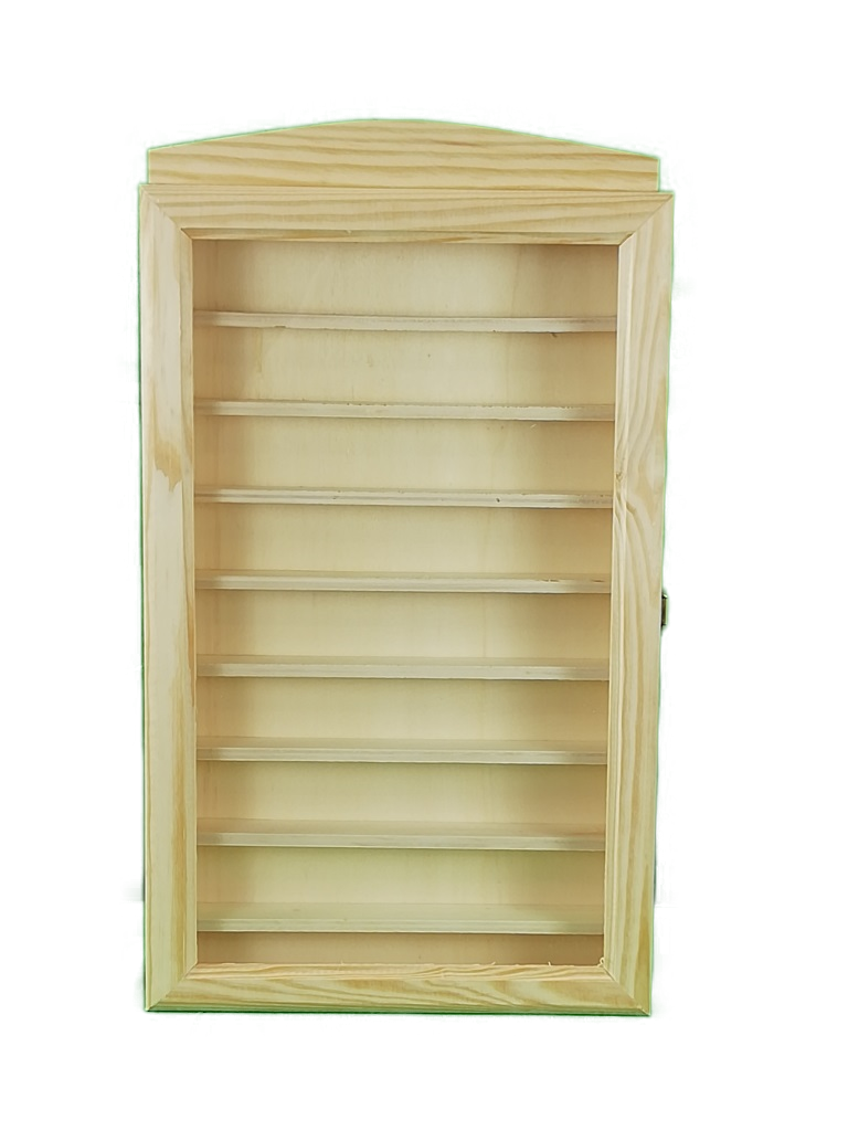 Vitrina colecciones. En madera natural. Se puede pintar. Incluye metacrilato transparente. Medidas: 30*6.5*54 cms.