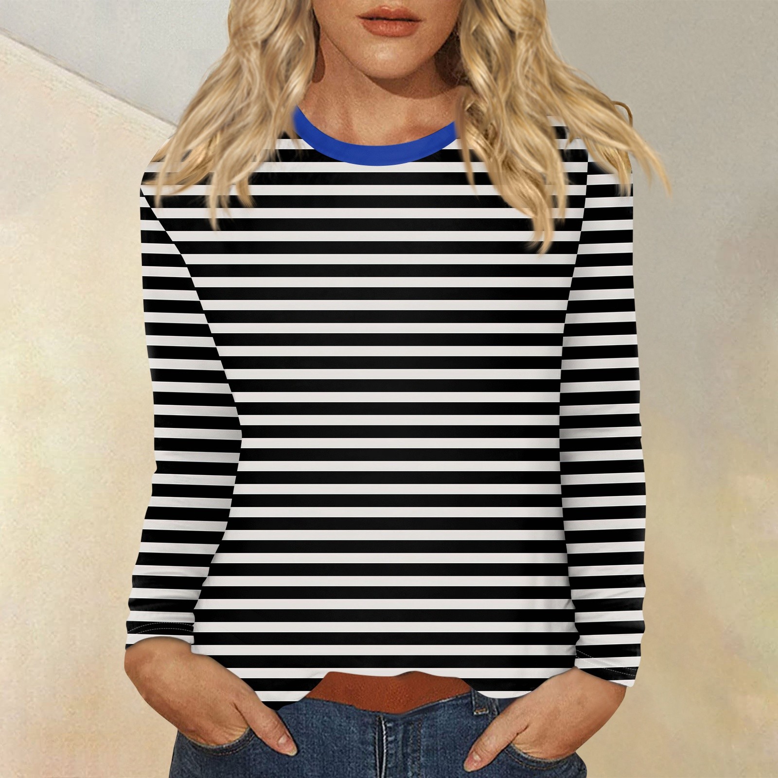 T-Shirt à Manches sulfet Col Ras du Cou pour Femme, Vêtement Décontracté, Rayé, Imprimé, Tendance, à la , de , 03: XL / GRIS