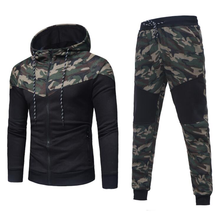 Lente Mannen Camouflage Patchwork Sets Mannelijke Gym Running Rits Hoodies Sweatshirt + Broek 2 Stuks Trainingspak Sportwear Pak: green / 3XL