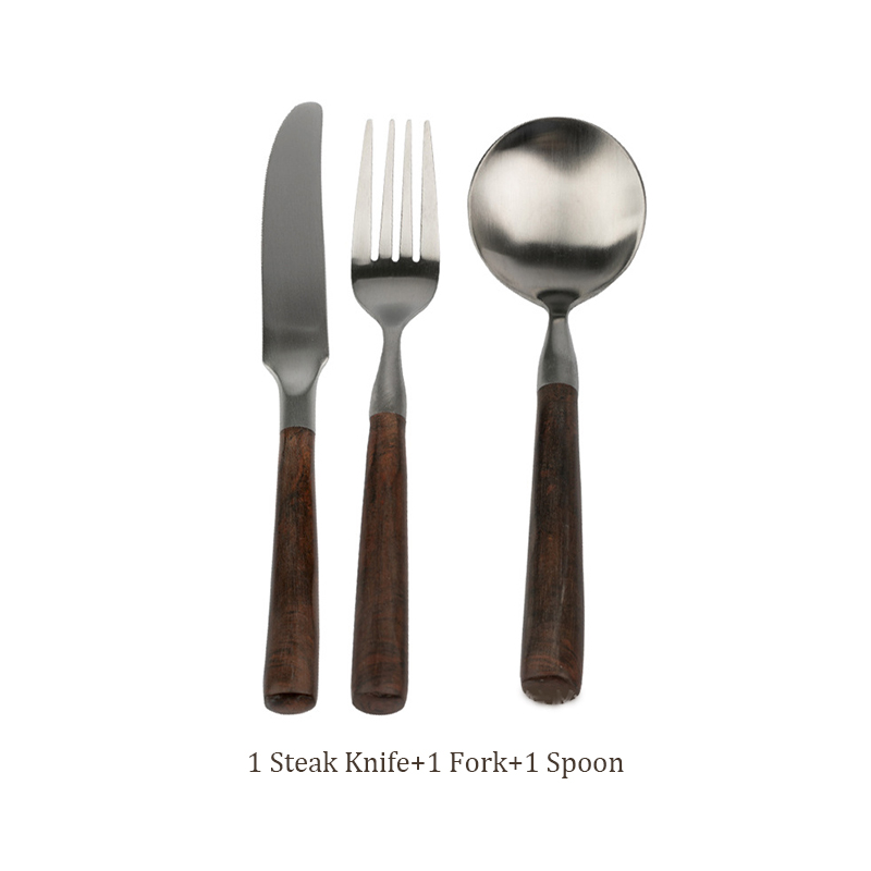 Retro Wooden Handle Dinner Knife Fork and Spoon 304 Stainless Steel Steak Knife Fruit Fork Coffee Tea Spoon Cutlery Set: GRAY