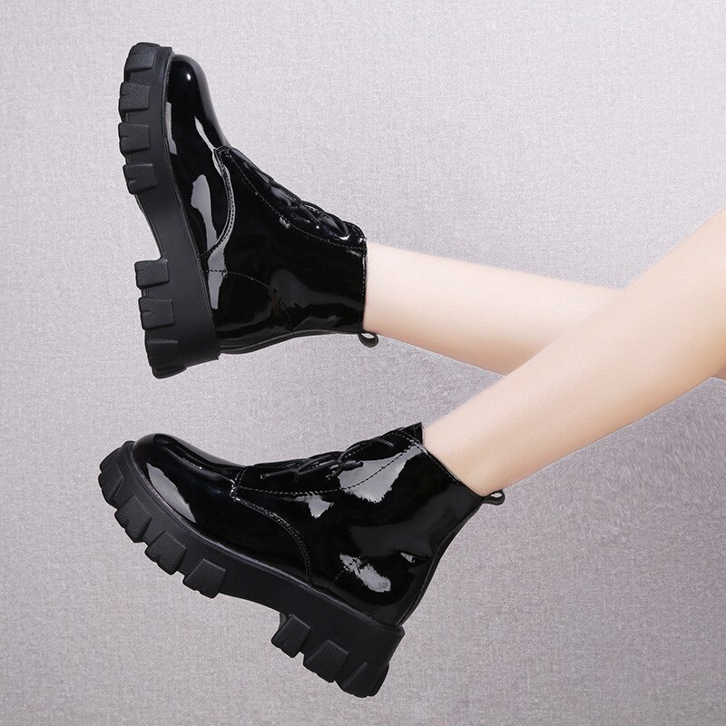 Vår höst lackkängor dam motorcykelstövlar kvinnliga skor kvinna tjock sula punkstövlar beige svart  eu 35-39